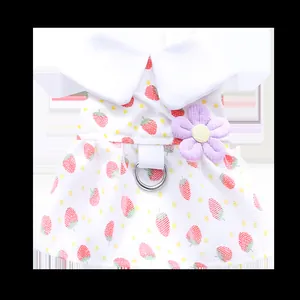 Cute strawberry print pet dress with purple flower detail and leash D-ring