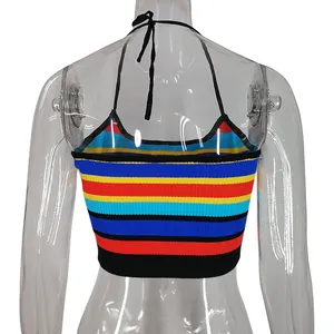 Detailed back view of a colorful rainbow striped cropped halter tank top on a mannequin