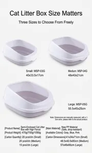Detailed size chart for semi-enclosed high-fence cat litter box in three sizes