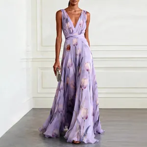 Detailed view of lavender tulip print sleeveless V-neck elegant flowy maxi dress