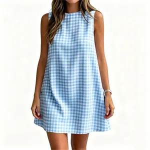 Full front view of a stylish blue and white gingham sleeveless casual mini dress