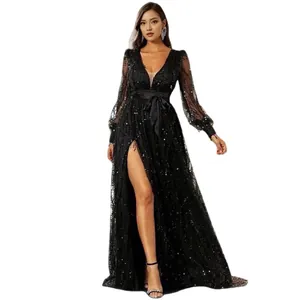 Elegant black sequined long evening dress featuring a V-neck, mesh sleeves and a sexy high slit