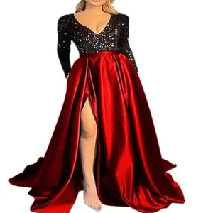 Elegant V-neck long sleeve sequin bodice red satin evening gown with sexy high slit