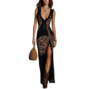Bohemian sleeveless maxi dress with ethnic digital print and high side leg slit