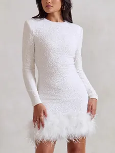 Damen Sexy Pailletten Feder Mini Kleid Langarm Rundhalsausschnitt Bodycon Bankett Party Abendkleid Schlanke Passform Luxus Funkelndes Kleid