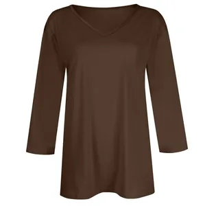 Casual brown women's V-neck t-shirt featuring 3/4 sleeves and comfortable soft fabric