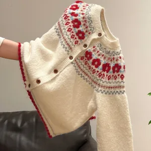 Vintage Fair Isle knit cardigan for women with colorful floral pattern and buttons