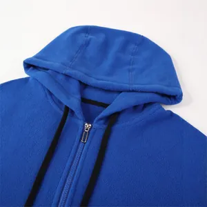 Premium men's blue polar fleece zip-up hoodie with hood and adjustable black drawstrings