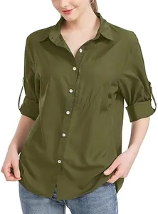 Elegante camisa de manga larga verde militar para mujer con cuello de solapa