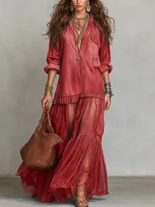 Bohemian vintage red maxi dress with lapel collar and pleated sheer skirt details