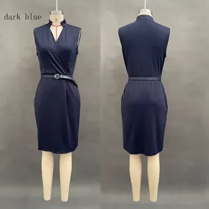 Detailed front and back view of an elegant sleeveless dark blue dress with belt and pockets