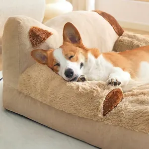 Thick warm plush dog bed with supportive cushion featuring a cozy sleeping Corgi dog