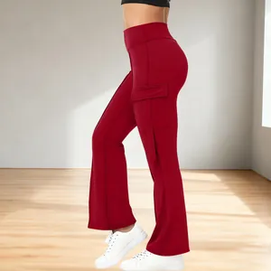 Detailed side view of high-waisted red flare yoga pants with a stylish cargo pocket