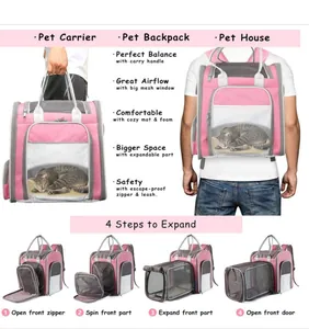 Detalles de mochila rosa expandible para mascotas con malla y expansión en 4 pasos.