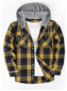 Men's yellow and navy plaid long sleeve hooded shirt featuring a casual flat lay style