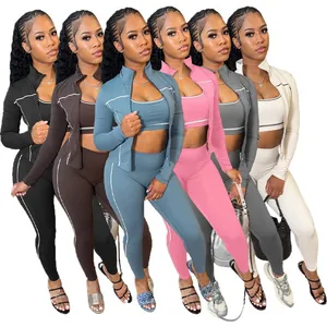 Set moda donna 3 pezzi con giacca zip, canotta e leggings attillati in diversi colori vivaci