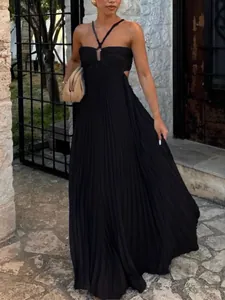 Elegant black halter neck pleated maxi dress with waist cut-out details for women