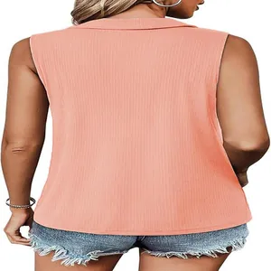 Back view of coral ribbed knit sleeveless vest with stylish lapel collar detail.