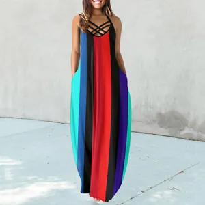 Detailed look at the vibrant multi-colored vertical striped sleeveless maxi dress.