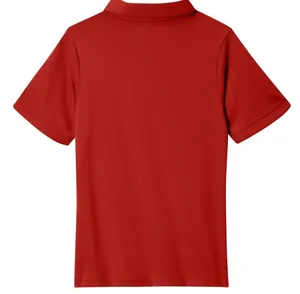 Back view of a classic red short-sleeved children's polo shirt with solid color design