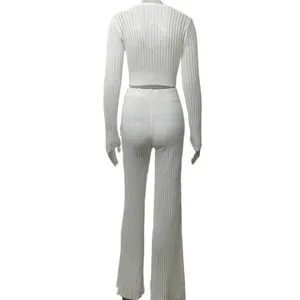 Back view of white sheer hollow-out knit two-piece set with cropped top and flared pants
