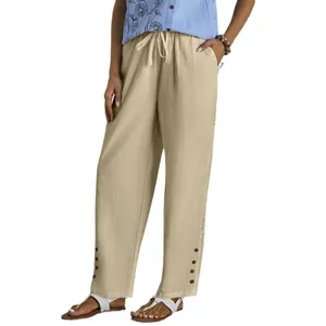 Comfortable women's drawstring cotton linen casual pants with button hem and lace detail