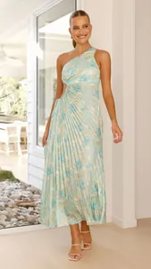 Elegant one-shoulder pleated floral maxi dress with waist cut-out detail for women