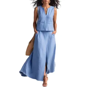 Casual light blue sleeveless V-neck cotton linen top and matching long skirt set for women