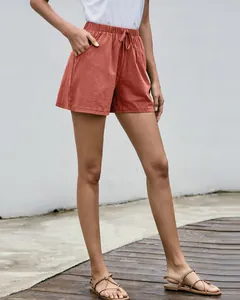 Pantalones cortos de lino terracota con cintura elástica y cordón ajustable para mujer