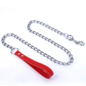 Heavy duty metal dog chain leash featuring a red leather handle and secure spring hook