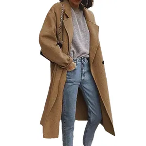 Classic camel long woolen coat with double-breasted design for autumn and winter wear