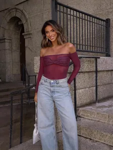 Elegant burgundy sheer off-shoulder long sleeve bodysuit with sparkling sequin bust detail