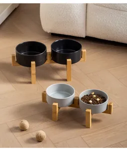Ciotole per animali in ceramica con supporto in bambù nero e grigio rialzate