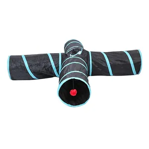 Collapsible 4-way cat tunnel toy in black and blue with red pom-pom on white background