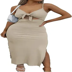 Close-up detail of a beige ribbed knit bodycon midi dress with front tie-out design