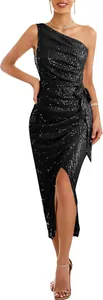 Detailed view of the sparkling black sequined one-shoulder cocktail wrap midi dress