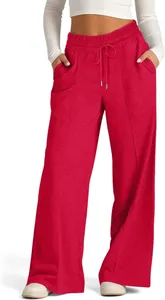 Women's casual red wide-leg sweatpants with drawstring elastic waist and pockets