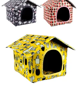 Variety of patterned foldable cat houses with strawberry and cactus prints