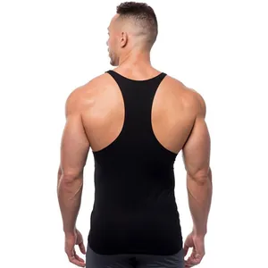 Back view of a men's black y-back fitness tank top shown on a muscular male model