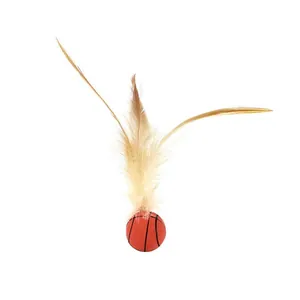 Detailed view of interactive cat toy featuring a basketball rubber ball with feathers