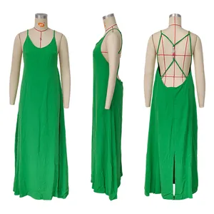 Three-way view of a green backless maxi dress with spaghetti straps and cross-back detail.