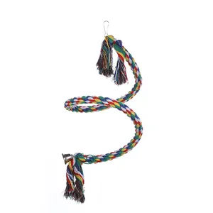 Detailed view of the colorful cotton rope spiral parrot climbing toy with bell.