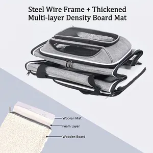 Gray foldable Oxford cloth pet carrier showing internal 3-layer mat structure details