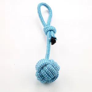 Macro detail showing texture of durable blue and white braided cotton rope dog chew toy