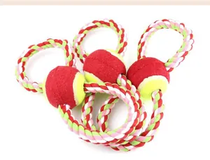 Nahaufnahme von langlebigem Baumwollseil-Hundespielzeug mit rot-gelben Tennisbällen