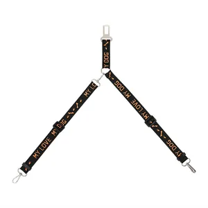 Adjustable double dog car seat belt splitter leash with My Love My Dog orange pattern