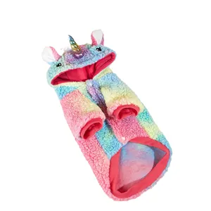 Soft plush colorful rainbow unicorn pet hoodie with metallic horn for dogs and cats