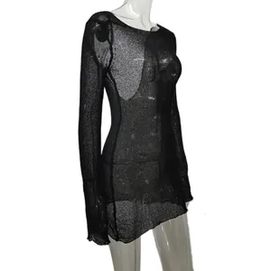 Detailed view of black knitted hollow beach cover-up dress with sexy mesh texture