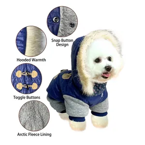 Blue pet winter coat with toggle buttons, faux fur hood and warm polar fleece lining.