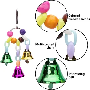 Colorful parrot hanging toy with wooden beads, plastic chain and bells for bird cages.